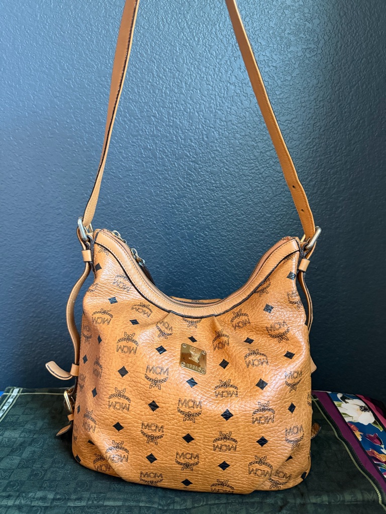 Mcm Tan Visetos Logo Hobo Bag